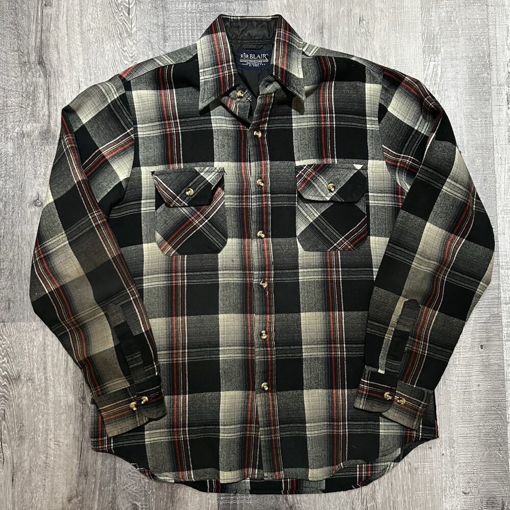 Vintage Blair Flannel Black/Grey Plaid Two Pocket 80s Mens Button Shirt Sz M
